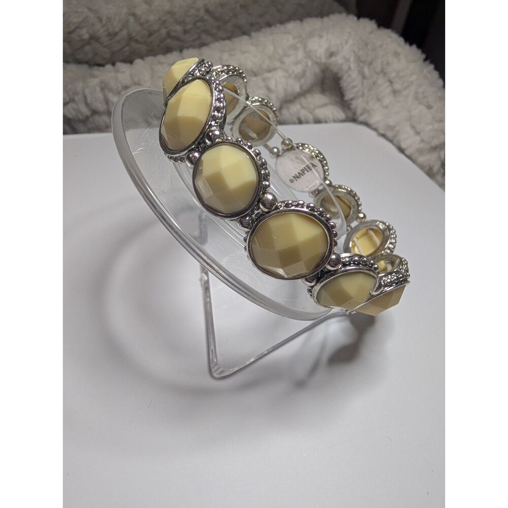 Vintage Napier Silver Tone Cream Cabochon Stretch Panel Bracelet Signed